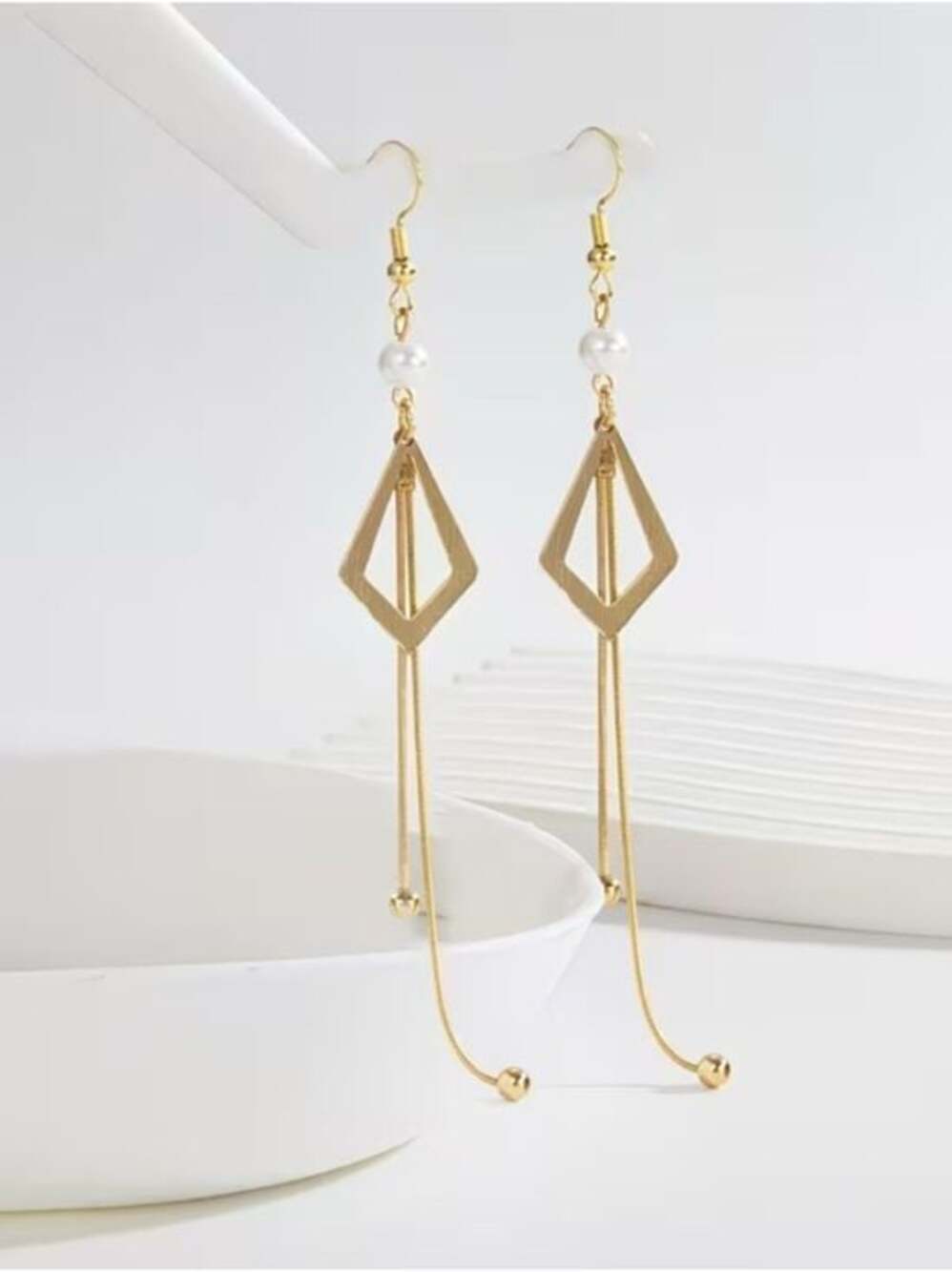 Gold Geometric Drop Earrings with Pearl Accent - Picture 3 of 5
